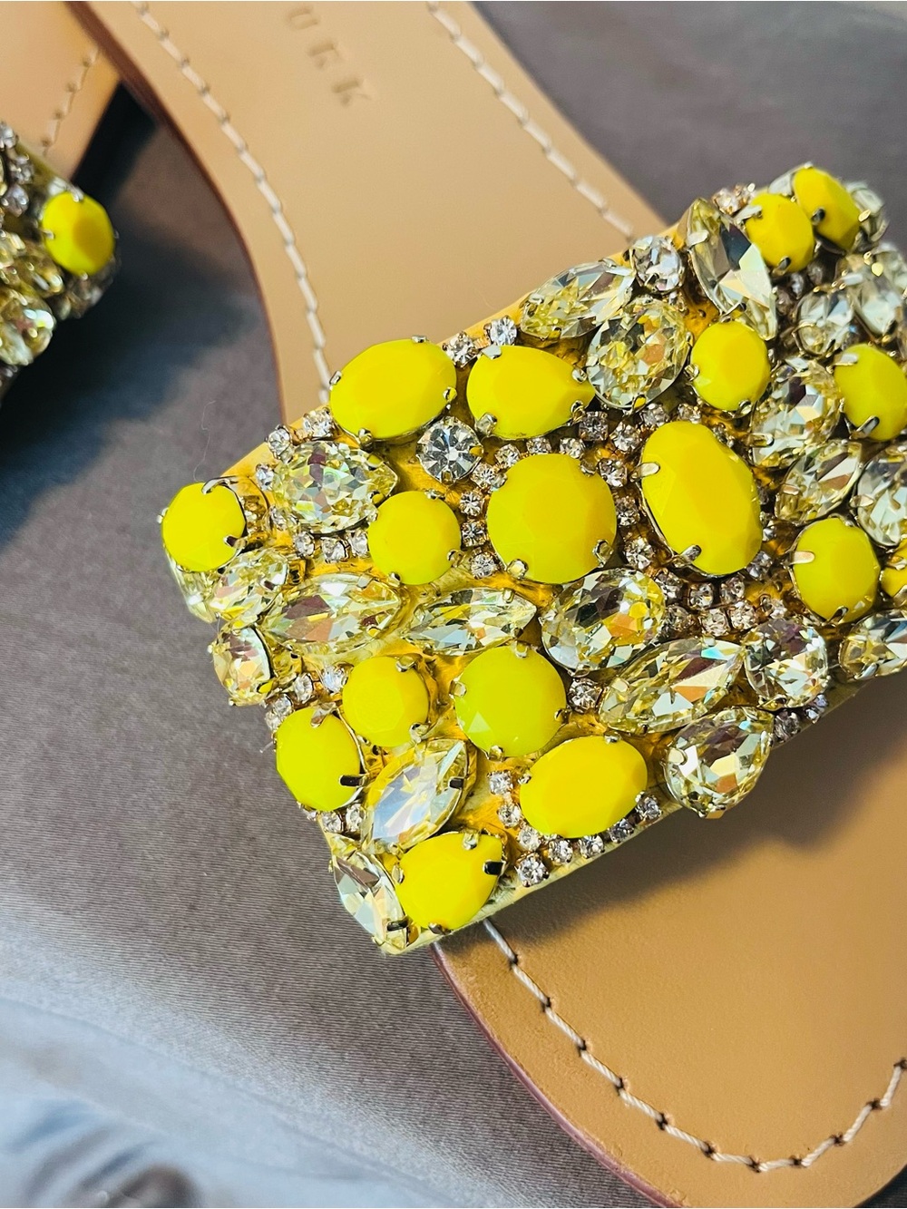 Trina Turk Yellow Jeweled Slide Sandals with Crystal Embellishments - Picture 5 of 7